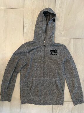 Kids Roots Grey Heather Full-Zip Hoodie with Black Logo Salt and Pepper Style
